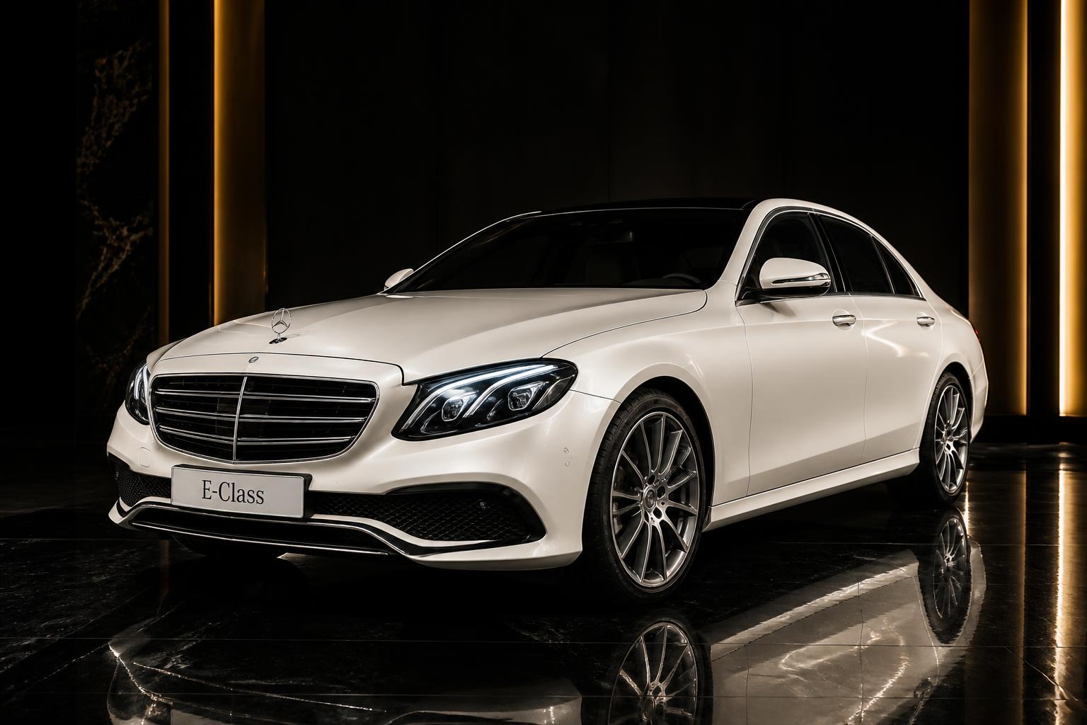 Pearl-white Mercedes-Benz E-Class business sedan on a dark studio background
