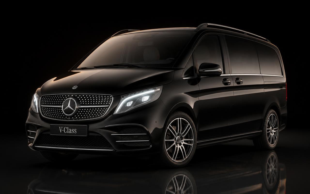 Black Mercedes-Benz V-Class luxury minivan on a dark studio background