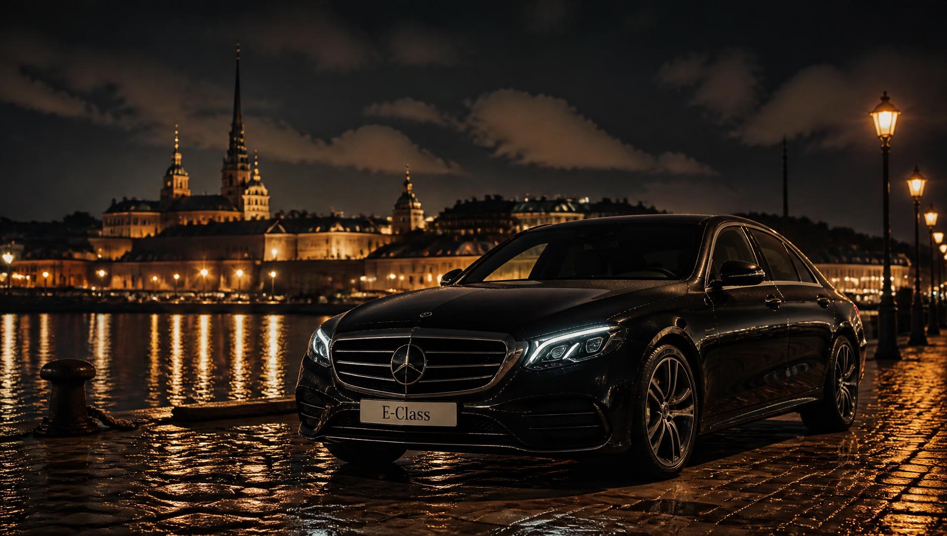 Black Mercedes-Benz sedan on a cobblestone waterfront in Tallinn at night