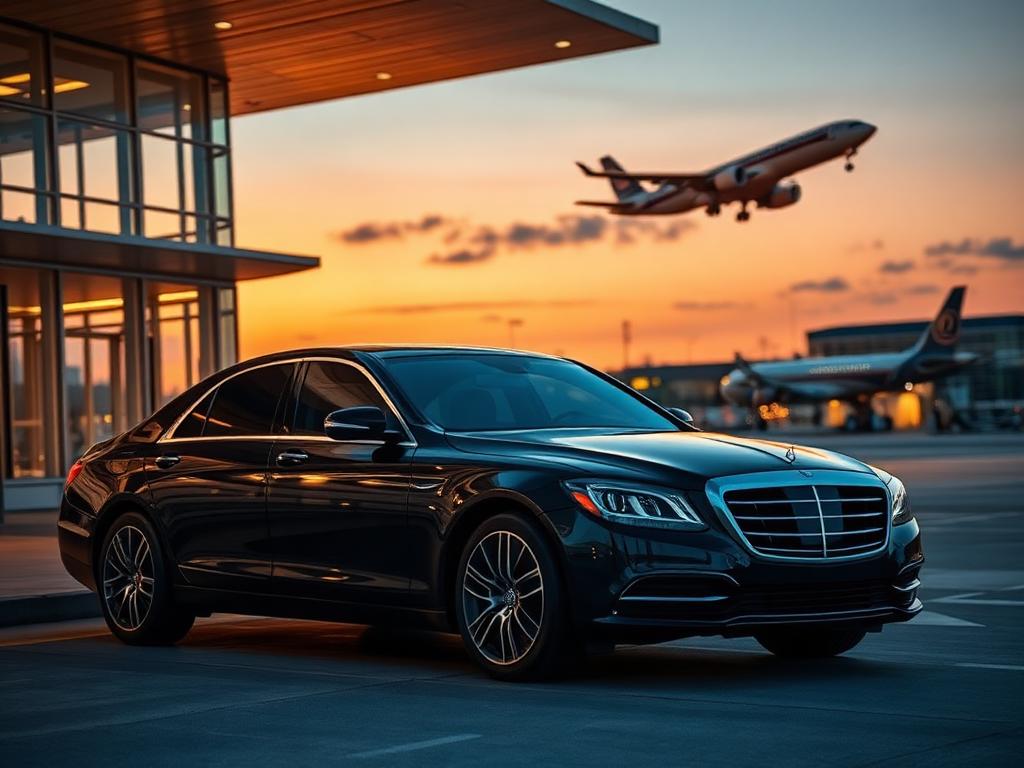 Black Mercedes-Benz sedan waiting outside an airport terminal at dusk