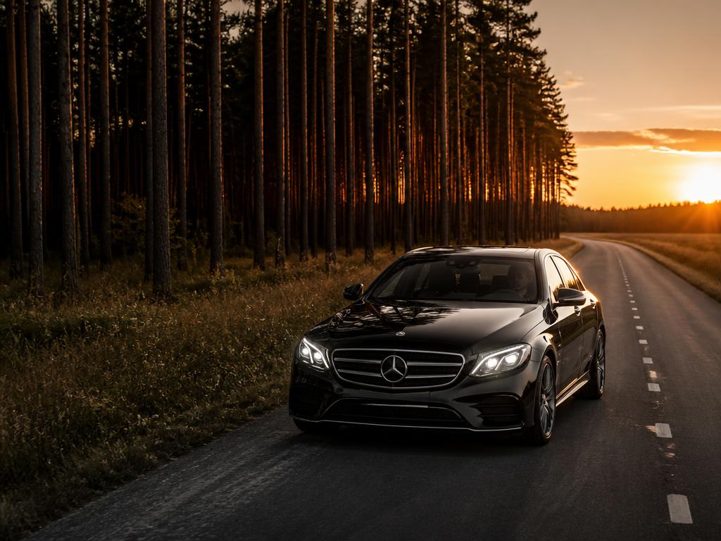 Black Mercedes-Benz sedan on a quiet border road in evening light