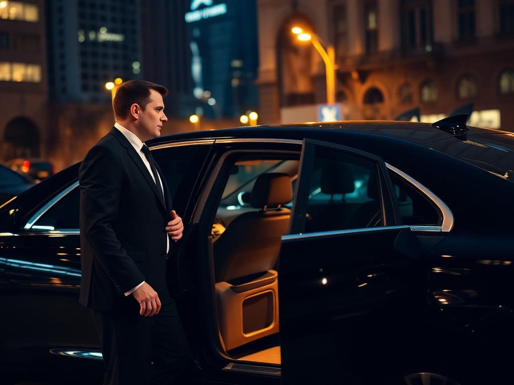 Chauffeur in a black suit opening the rear door of a black Mercedes-Benz sedan